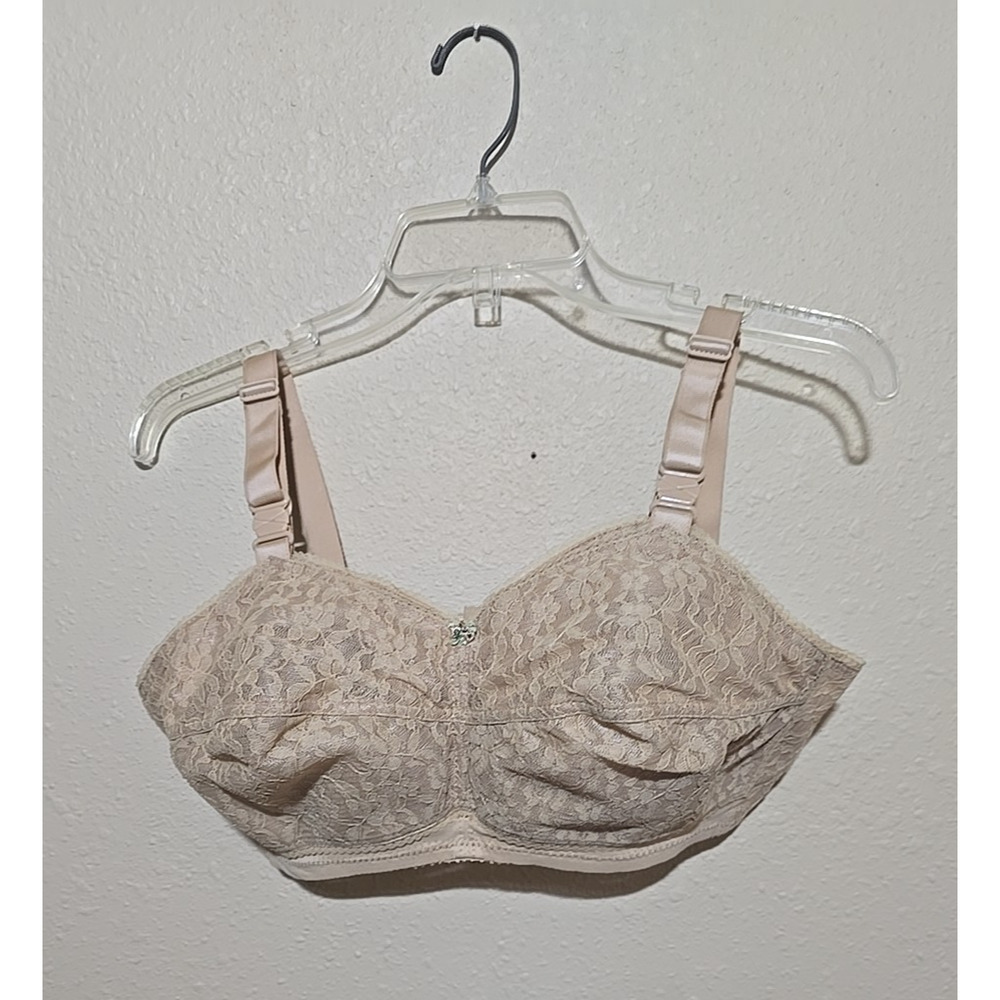 Vtg‎ Pennyrich Tan Floral Lace Pointy Cup Semi-Sheer Wire Free Bra Size 34EE